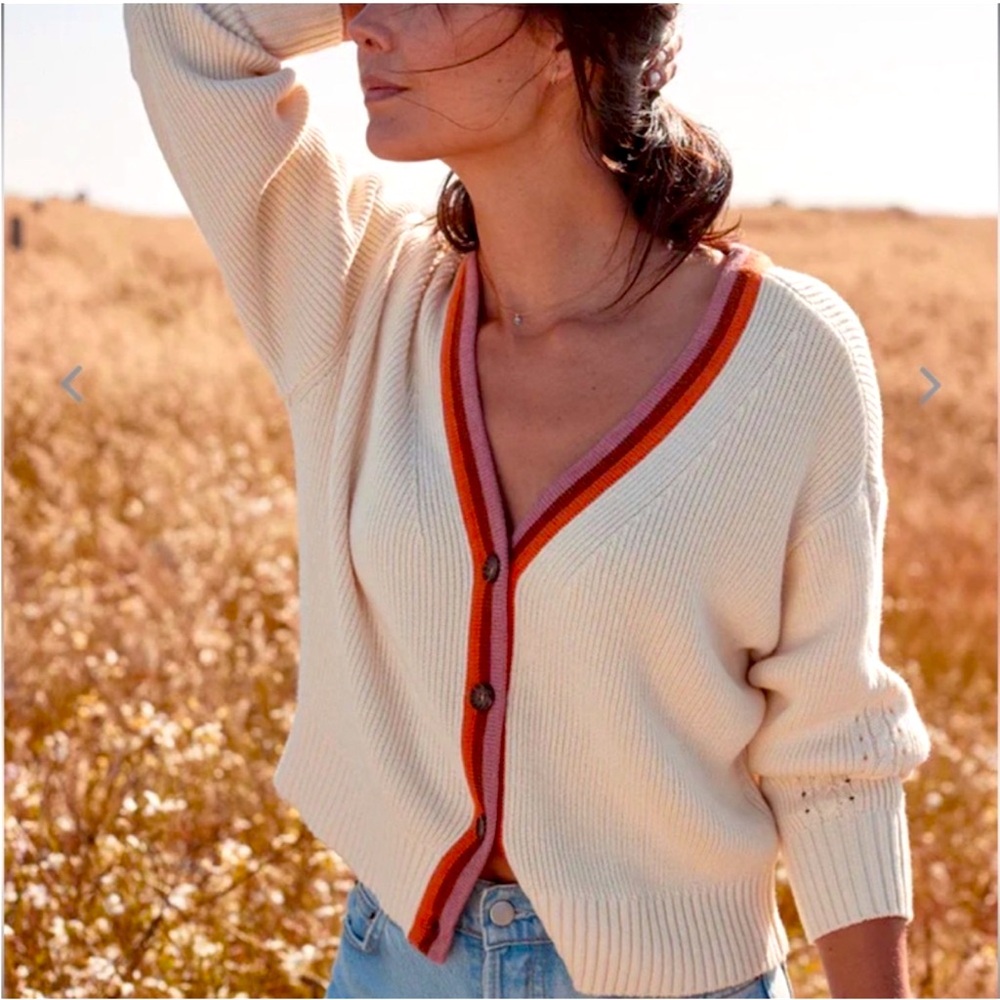 Marine Layer Cream Knit V-Neck Cardigan with Orange and Pink Trim